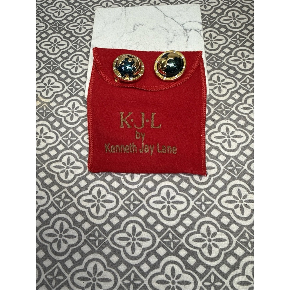Vintage Round Earth Kenneth J Lane Blue&Gold Tone rhinestones Clip On Earrings.